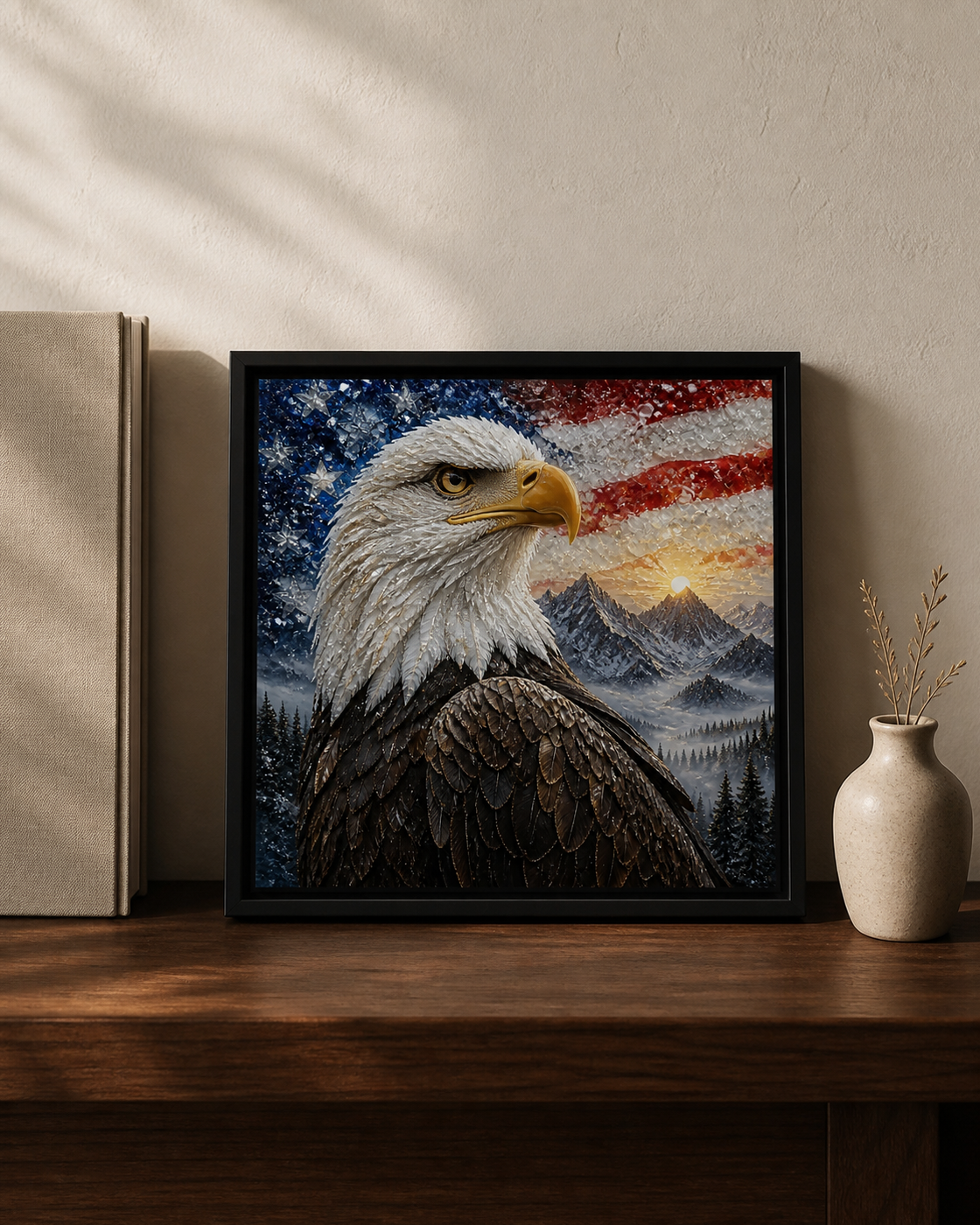 Freedom at Dawn displayed on a dark wood console in warm natural light.
