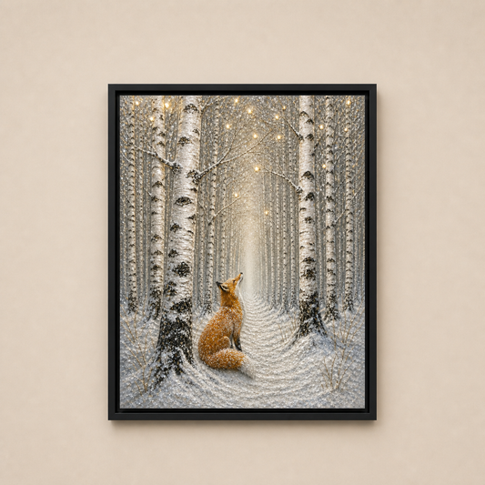 Front view of Listening to Winter, a red fox beneath snowy white birch trees.
