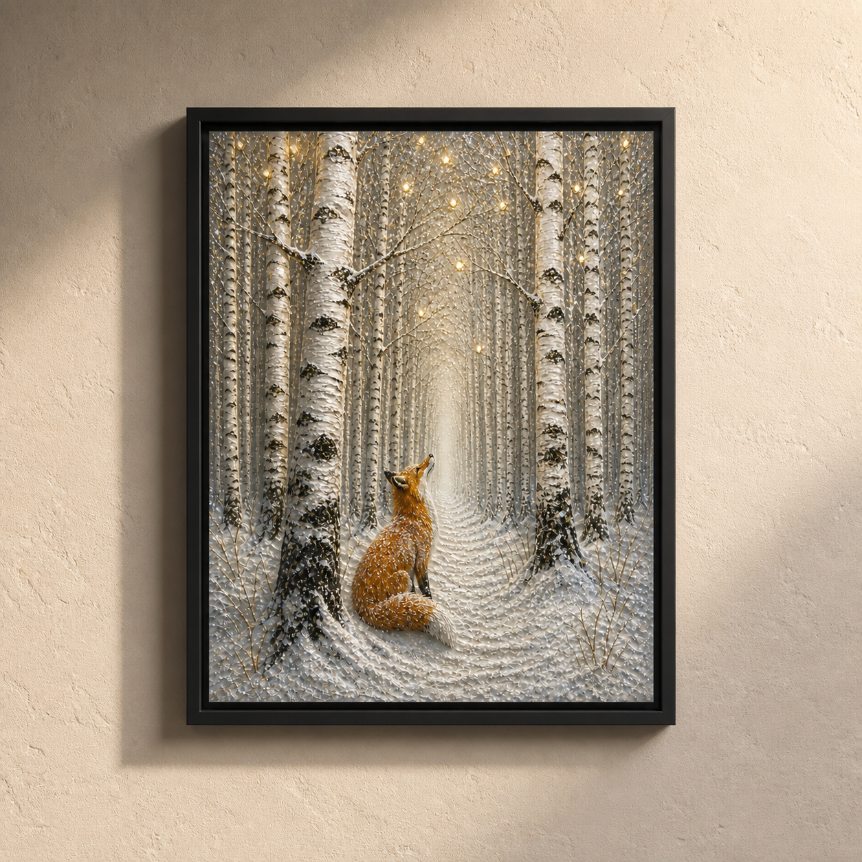 Side-lit view showing depth across the fox, snow, and birch forest.