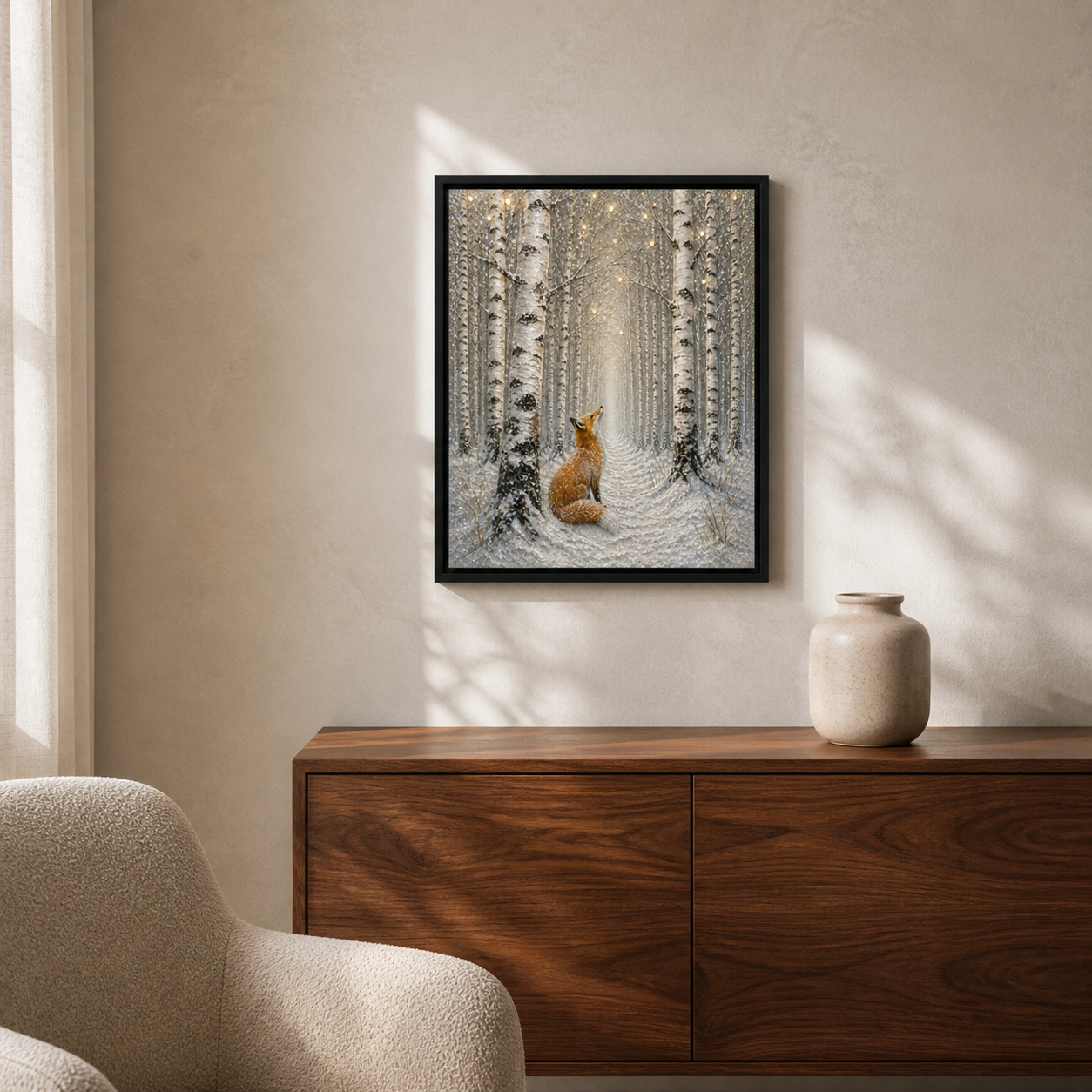 Listening to Winter hanging in a calm neutral winter living room.
