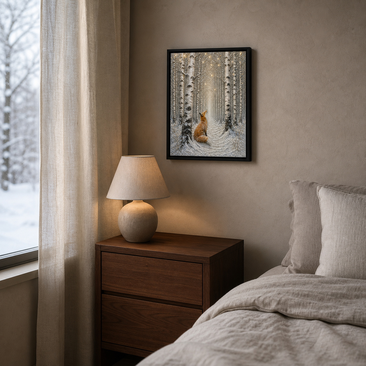 Listening to Winter displayed above a bedside table beside a snowy window.