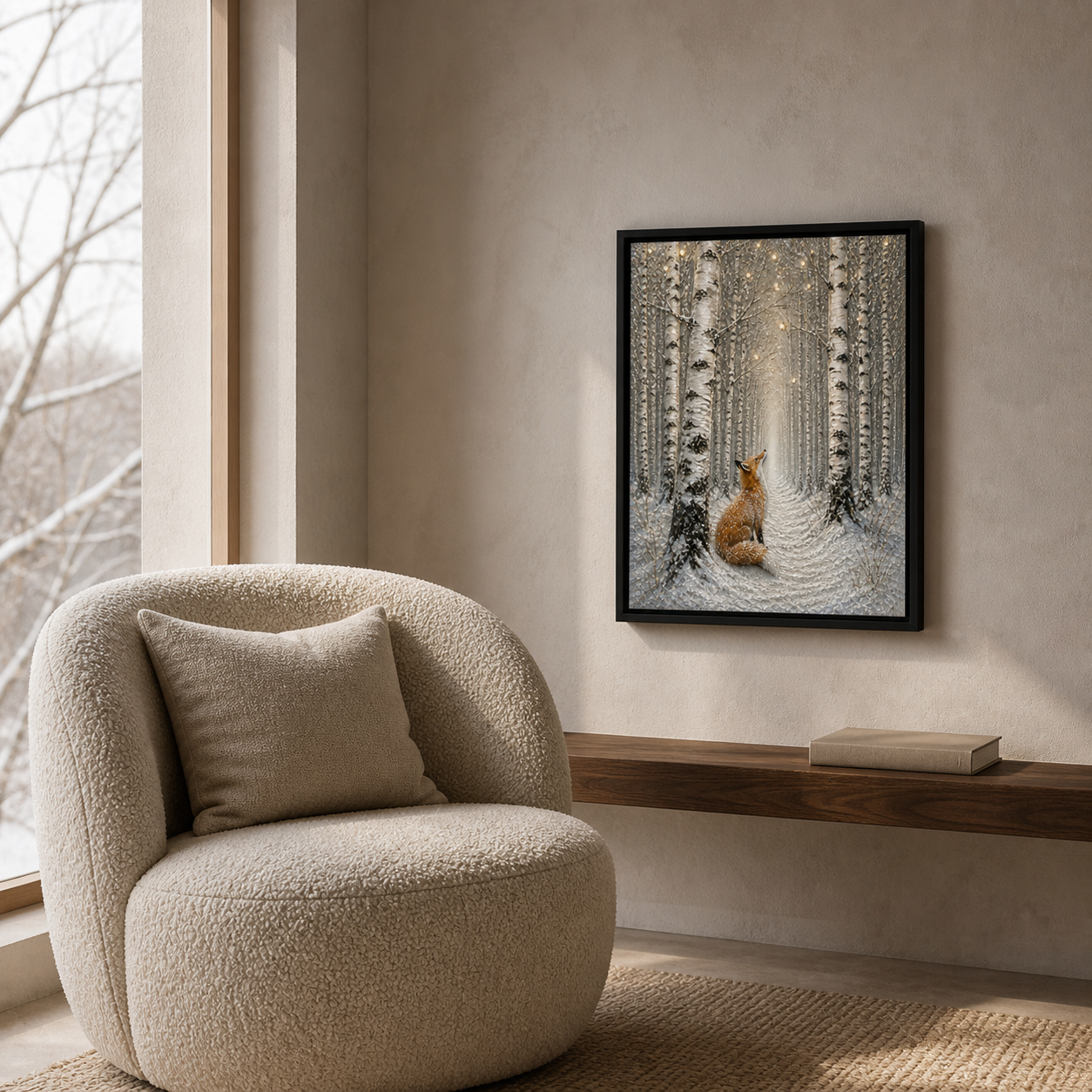 Listening to Winter hanging in a soft neutral reading corner.