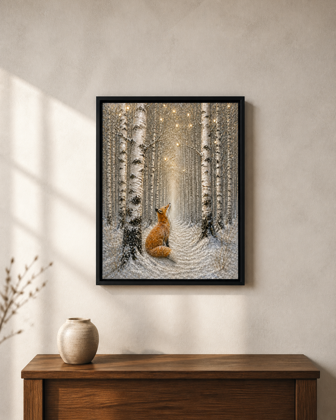 Listening to Winter displayed above a dark wood console in a soft neutral room.