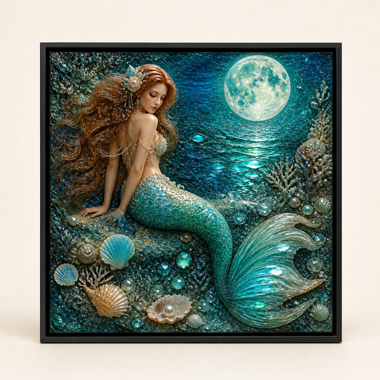 Front view of Moonlit Tide, a mermaid beside a full moon and teal ocean.