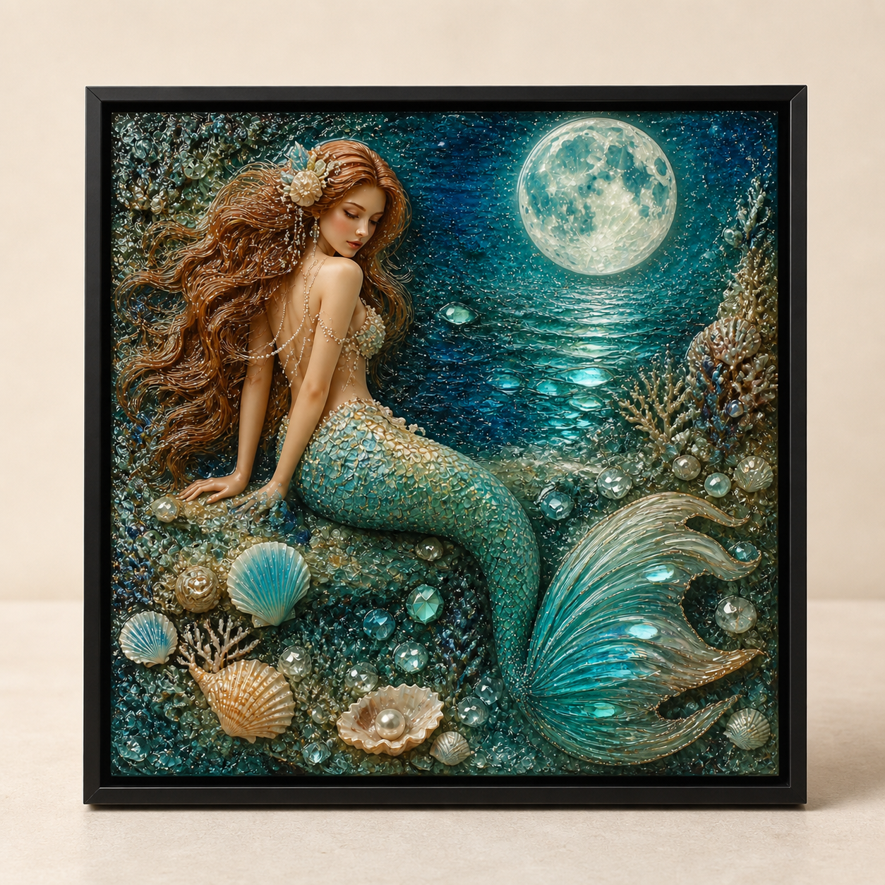 Raking-light view showing depth across the mermaid, water, moon, and shells.