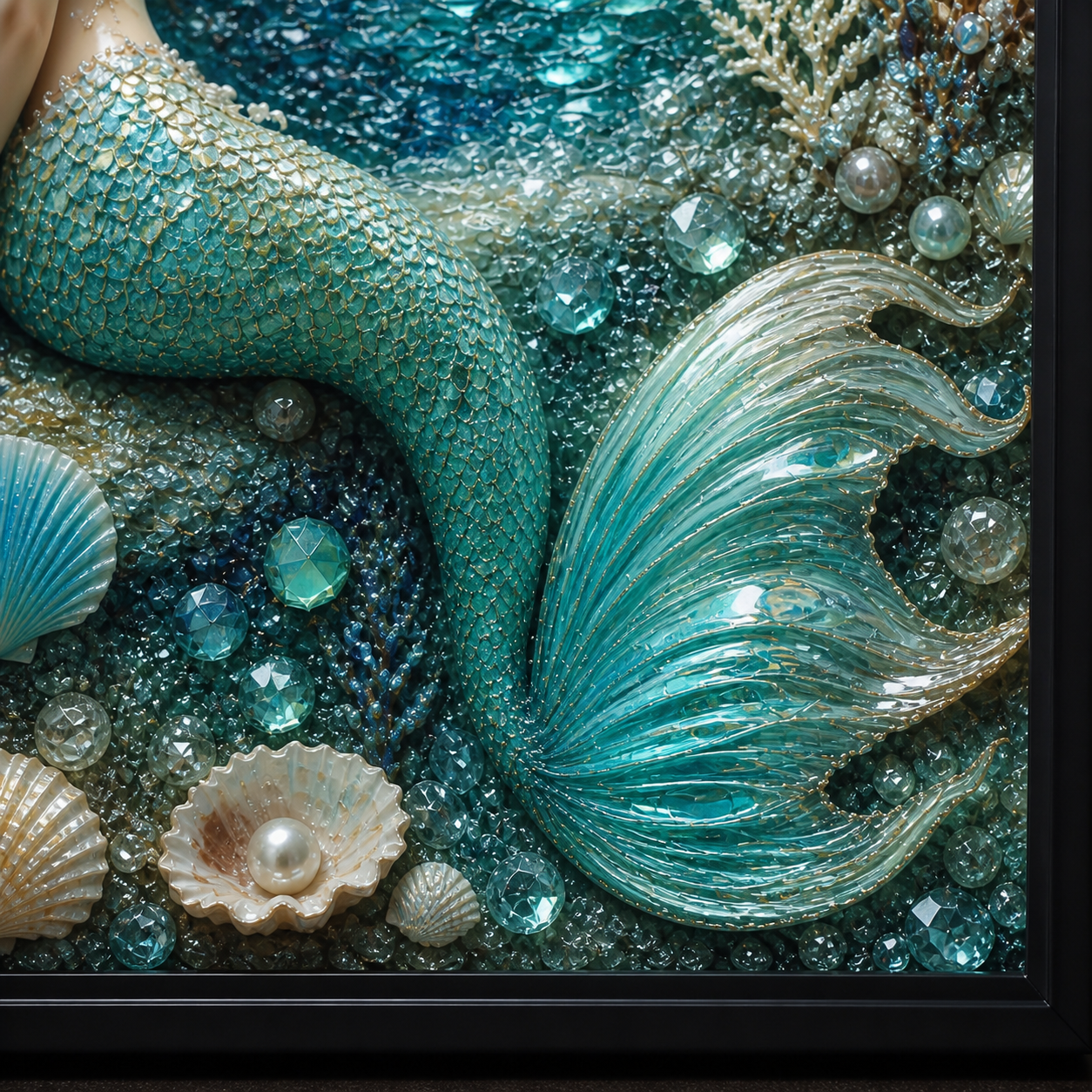 Close-up of the mermaid tail, shells, pearls, and light-catching ocean details.