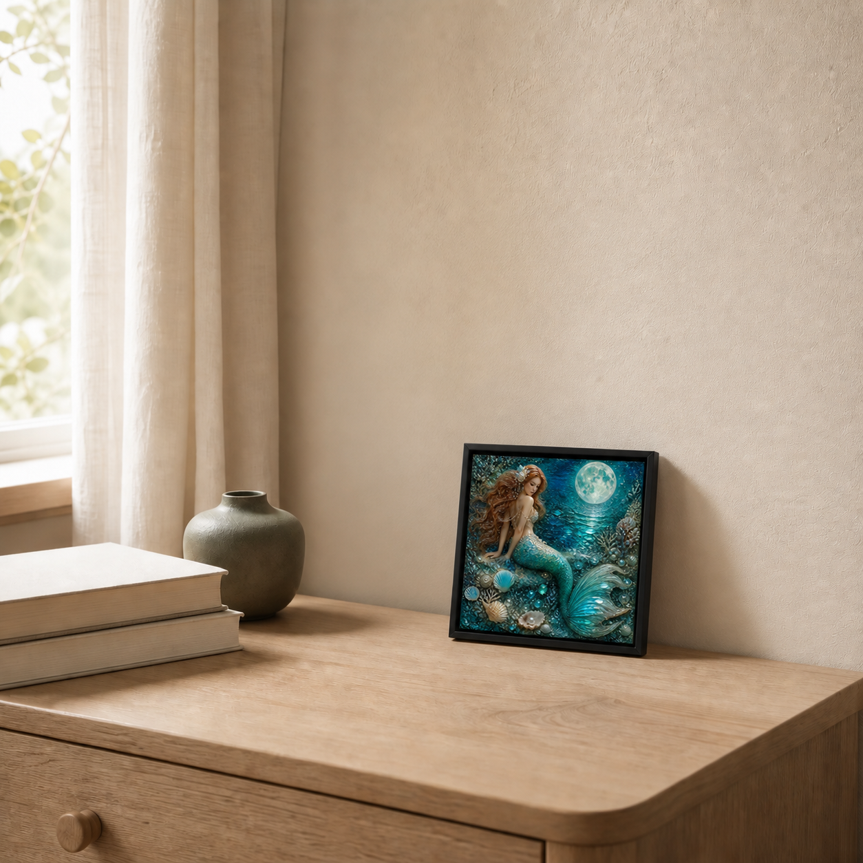 Moonlit Tide displayed on a light wood tabletop in soft daylight.