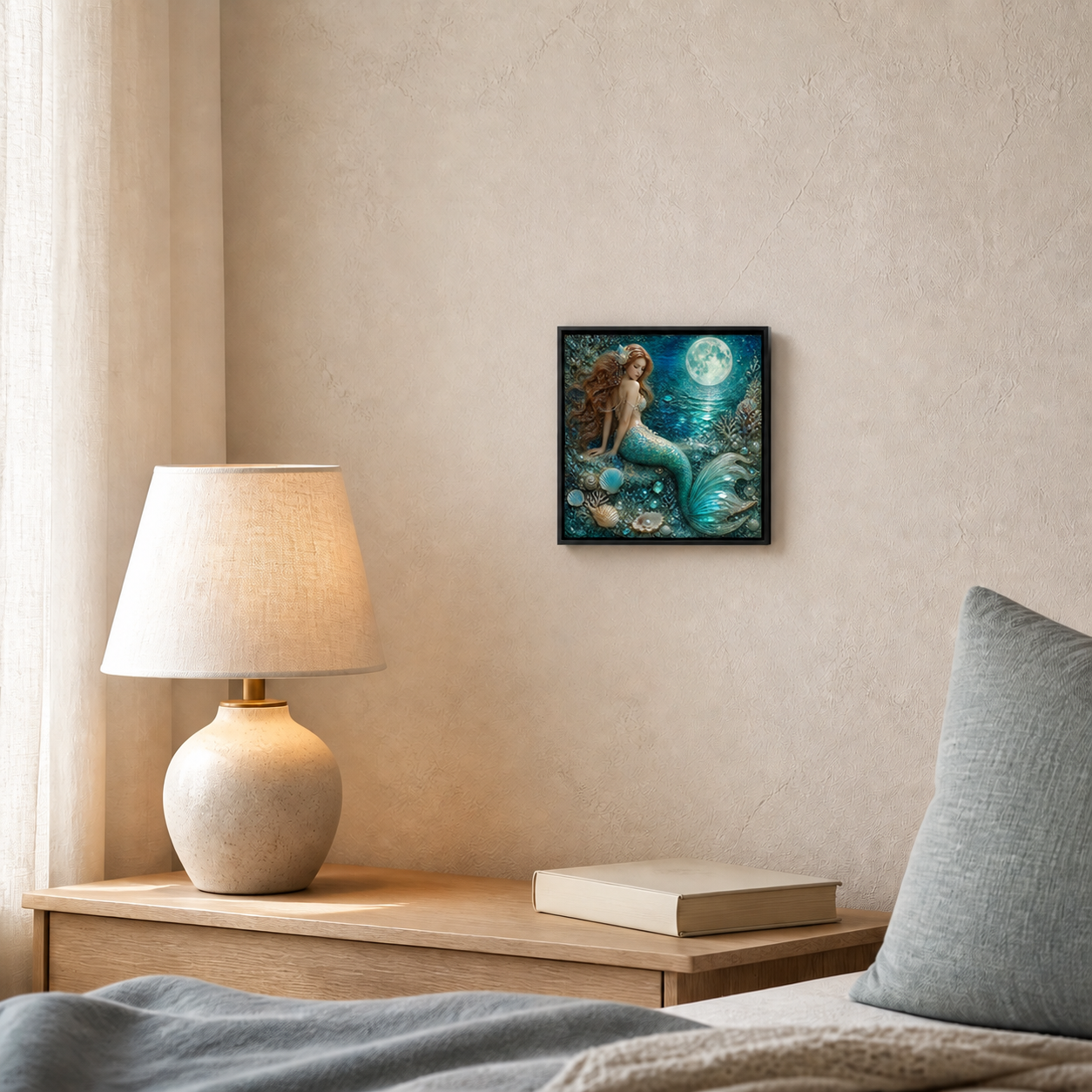 Moonlit Tide hanging as a small artwork above a coastal bedside table.