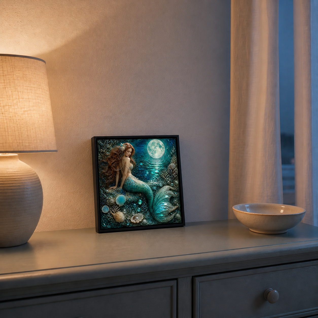 Moonlit Tide displayed on a bedroom sideboard in cool evening light.