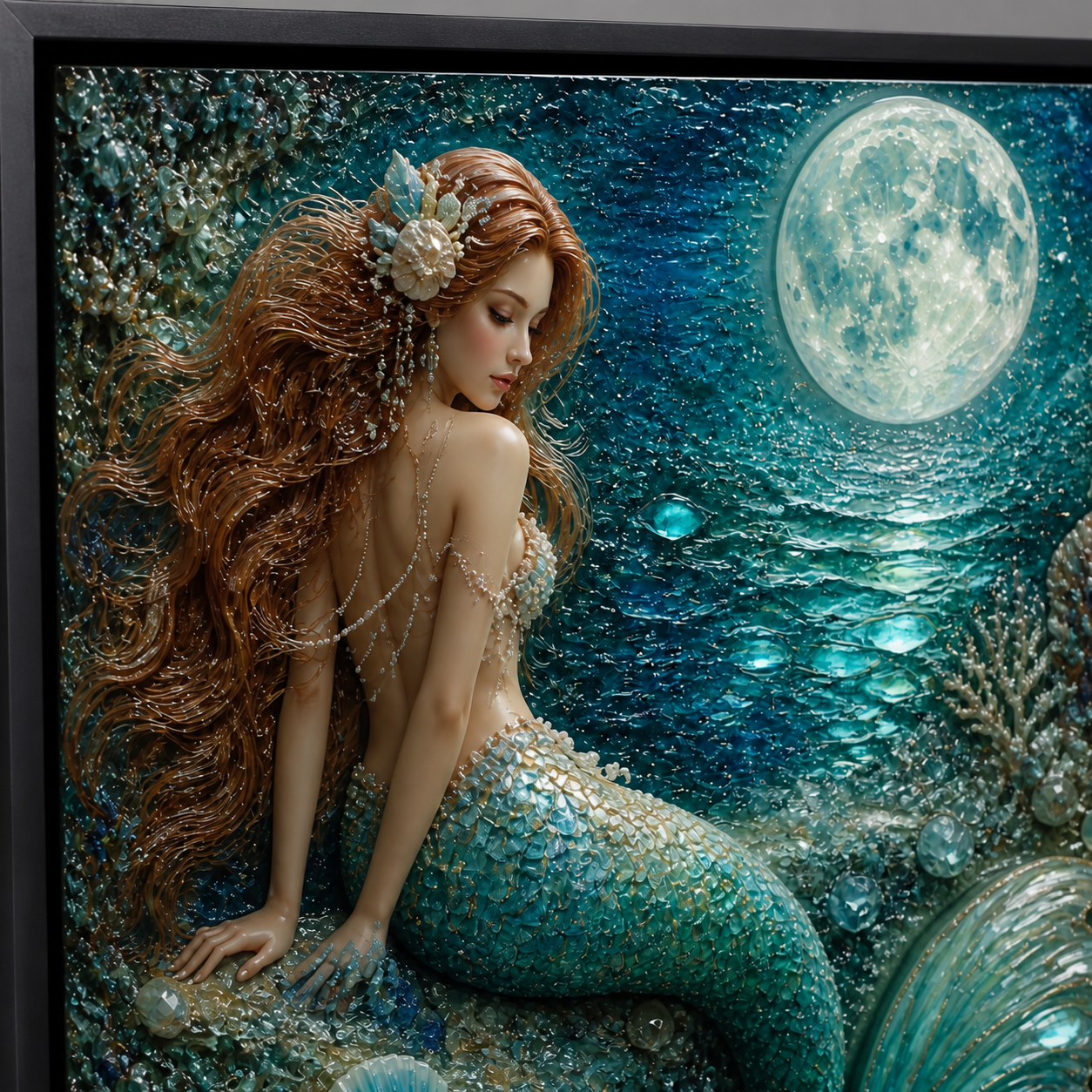 Side-lit close-up of the mermaid, full moon, and shimmering teal water.