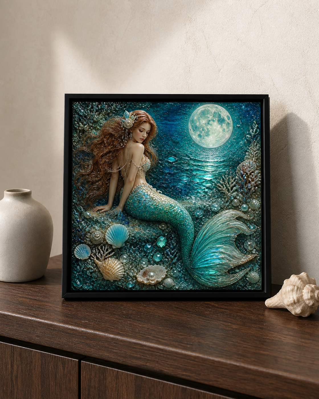 Moonlit Tide displayed on a dark wood console in a warm neutral room.