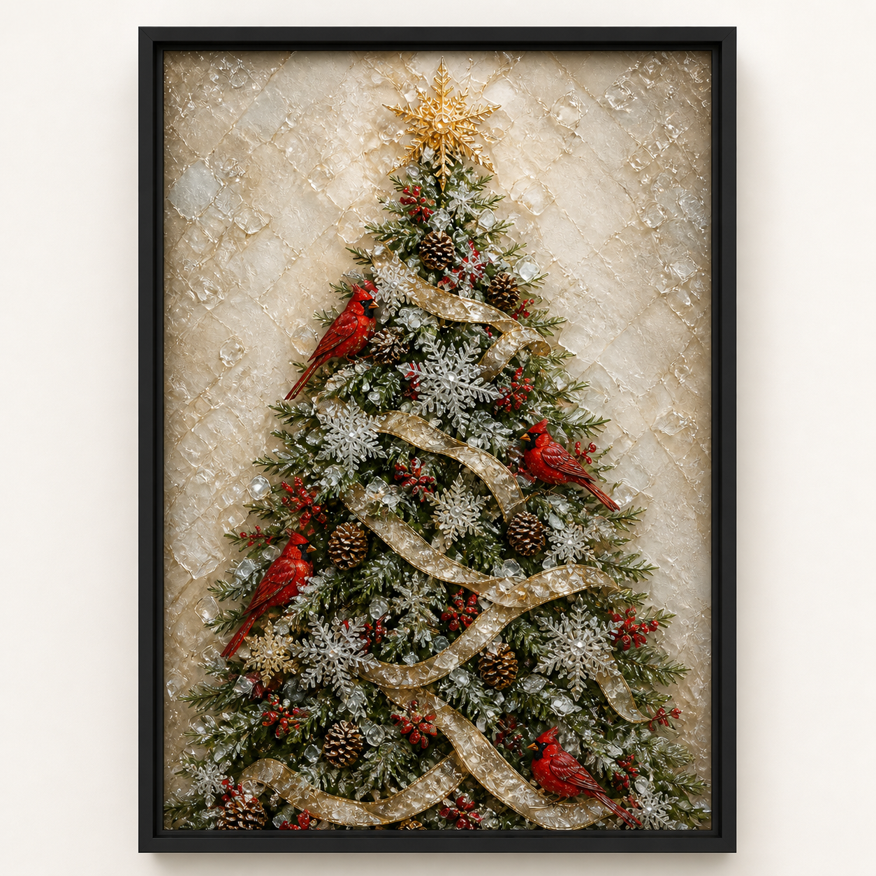 Front view of Red Wings, Winter Light, a cardinal Christmas tree artwork in a black wood frame.