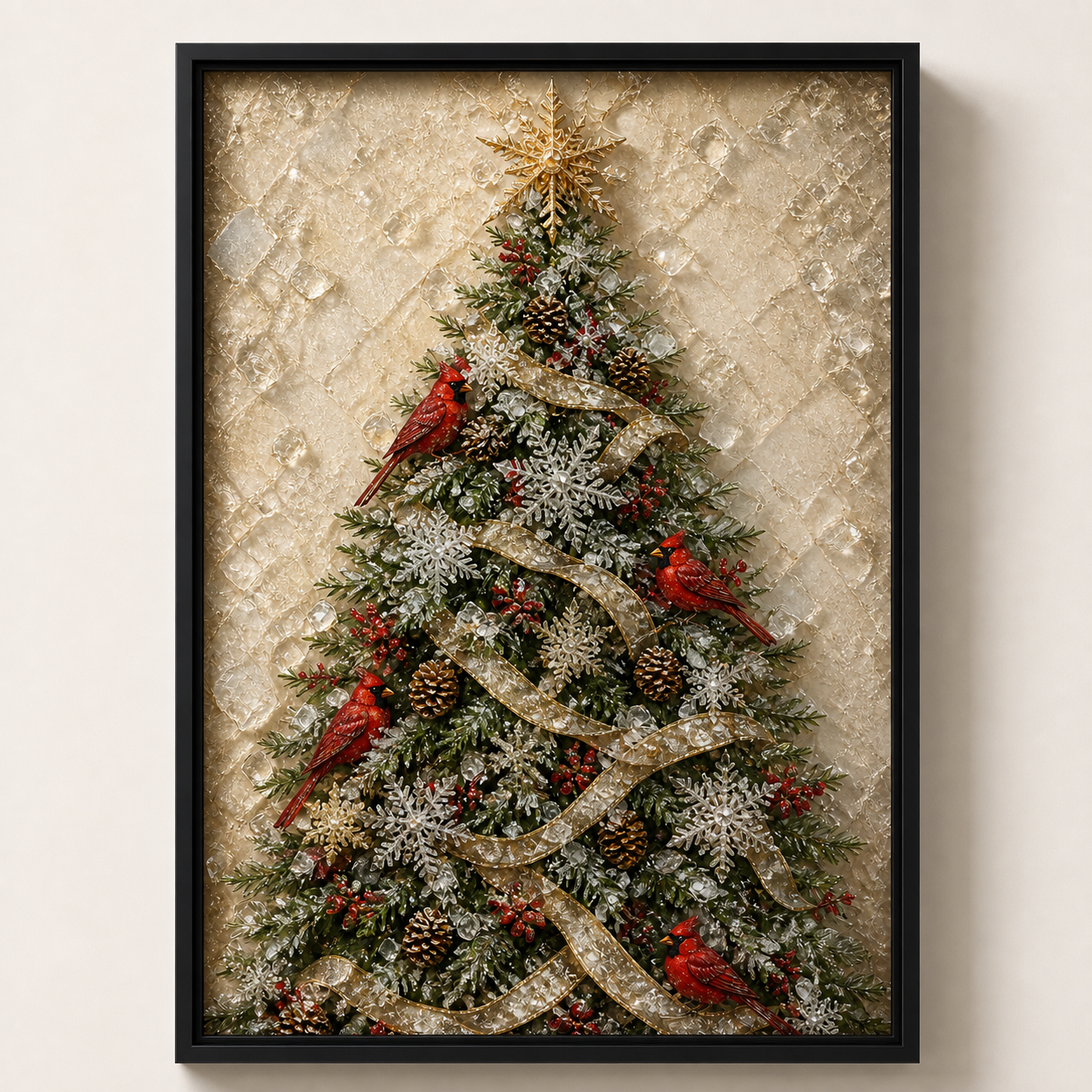Raking-light view showing depth across cardinals, frosted branches, and gold ribbon.