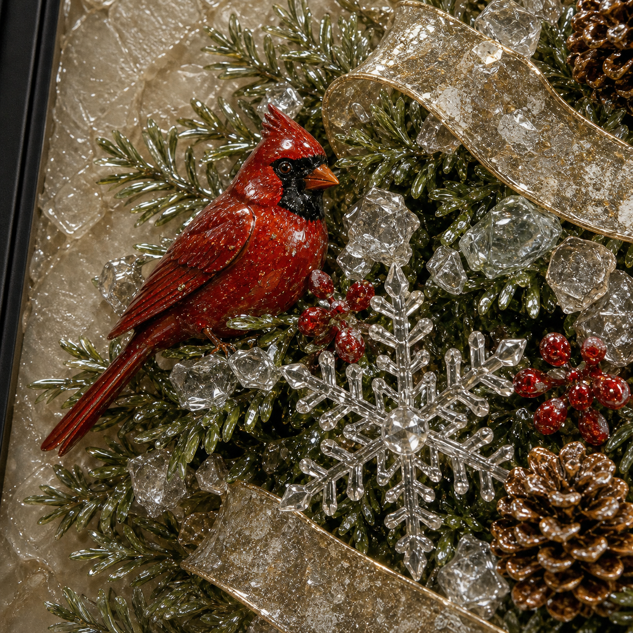 Close-up of a red cardinal, clear snowflake, berries, ribbon, and pinecones.