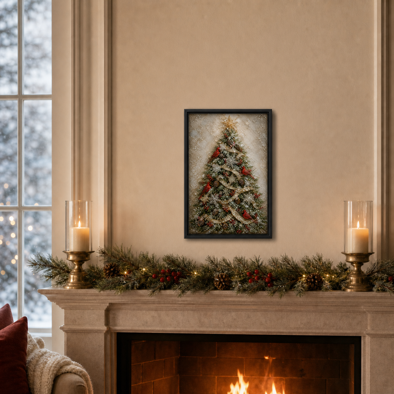 Red Wings, Winter Light hanging above a decorated Christmas fireplace.