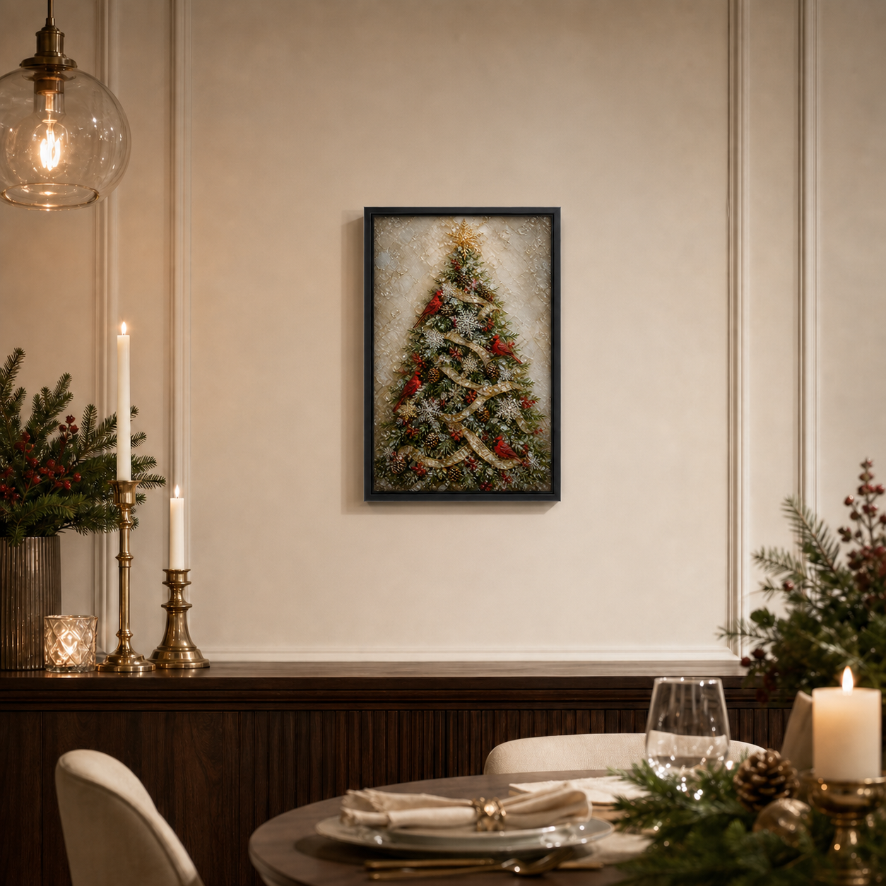 Red Wings, Winter Light displayed in a warm holiday dining room.
