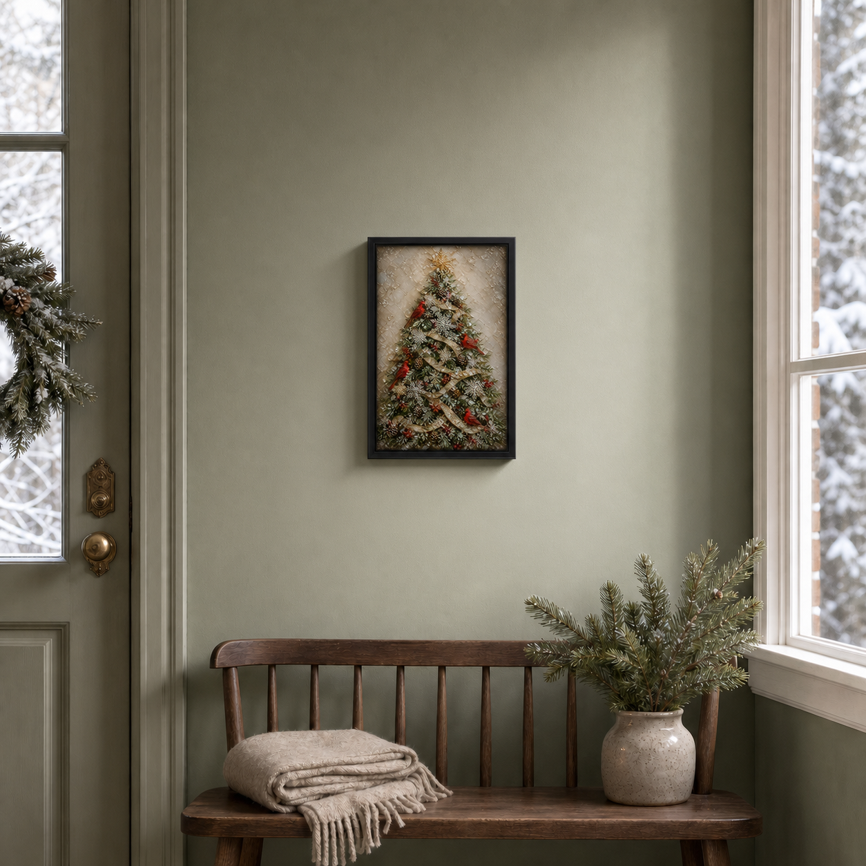 Red Wings, Winter Light hanging in a muted green winter entryway.