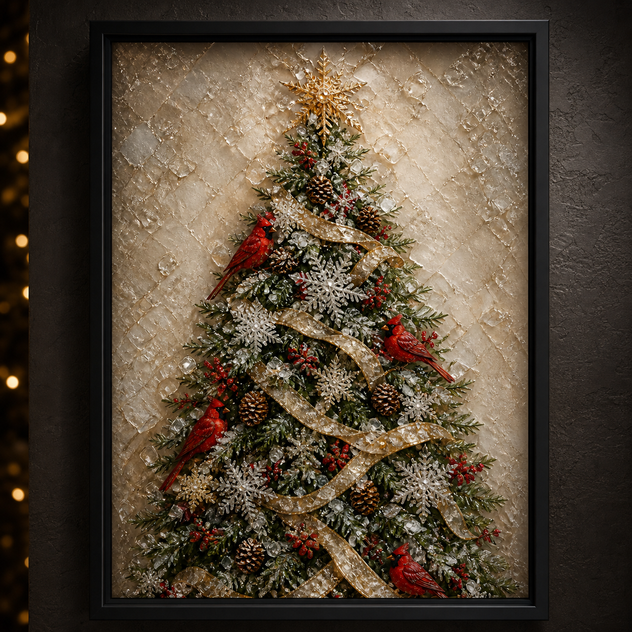 Side-lit close-up of the cardinal Christmas tree in a black wood frame.