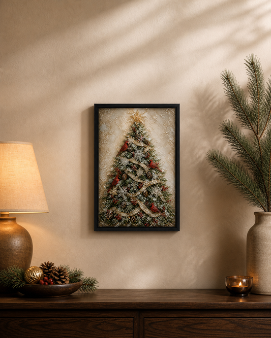 Red Wings, Winter Light displayed above a dark wood console in a warm holiday interior.