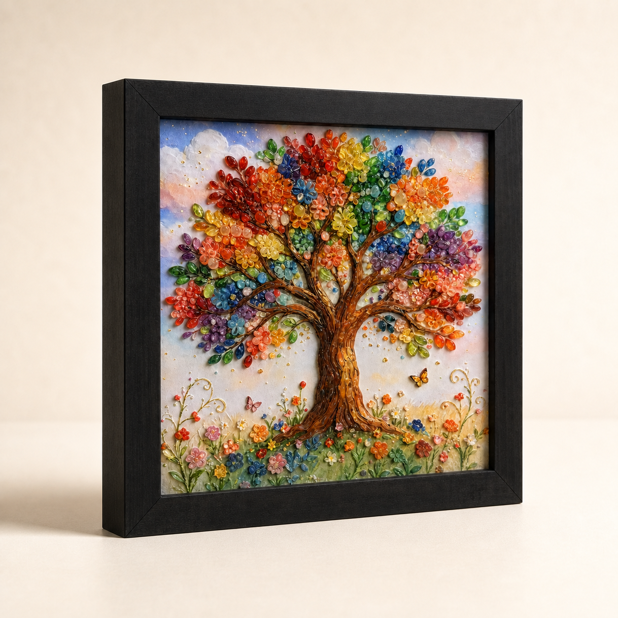 45-degree view of Rooted in Light showing the black wood frame and raised surface details.
