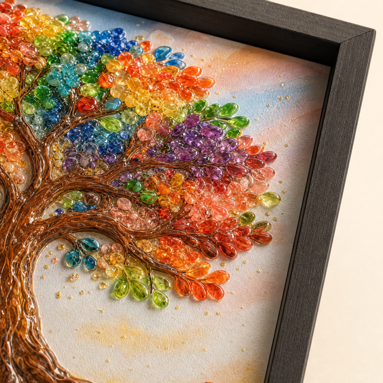 Close-up of colorful light-catching raised accents across the branches of Rooted in Light.