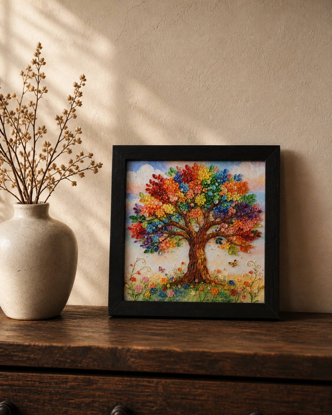 Rooted in Light displayed on a dark wood console beside a ceramic vase in warm natural light.