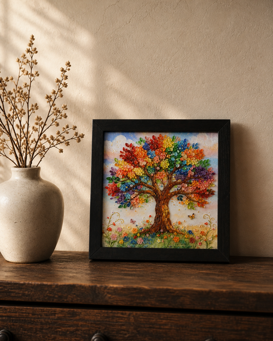 Rooted in Light displayed on a dark wood console beside a ceramic vase in warm natural light.