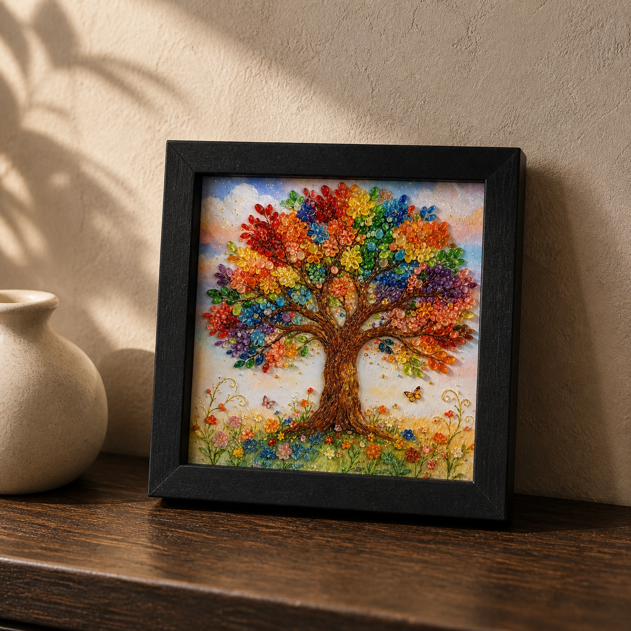 Rooted in Light displayed on a dark wood console against a warm neutral wall.