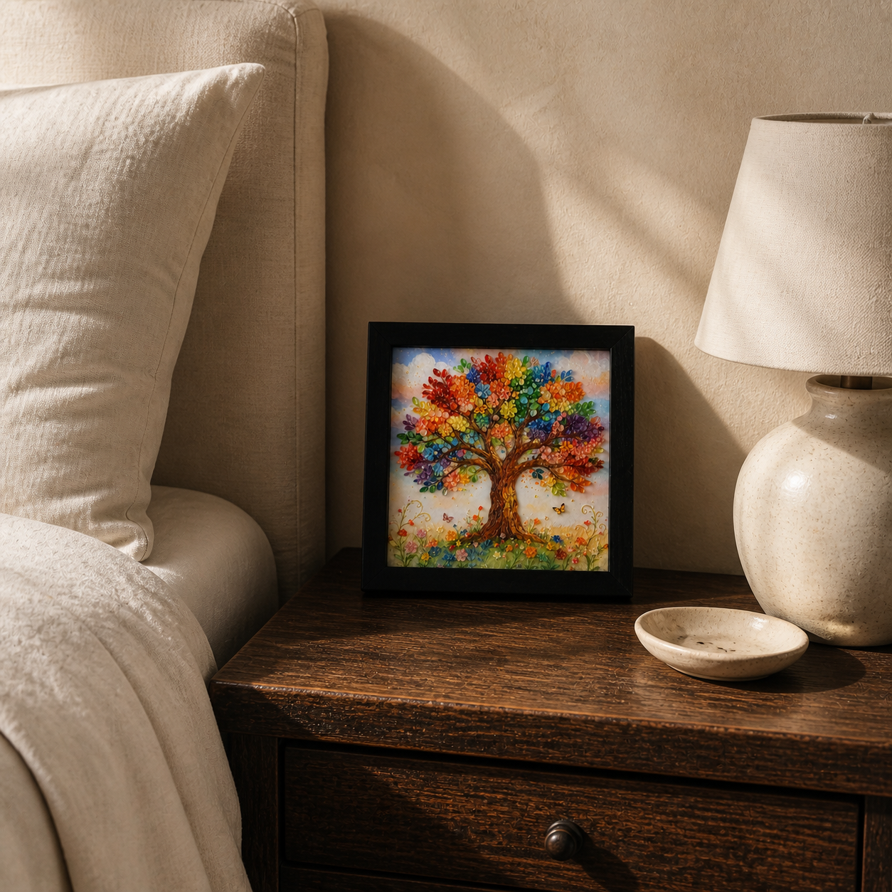 Rooted in Light displayed on a bedside table in a softly lit neutral bedroom.