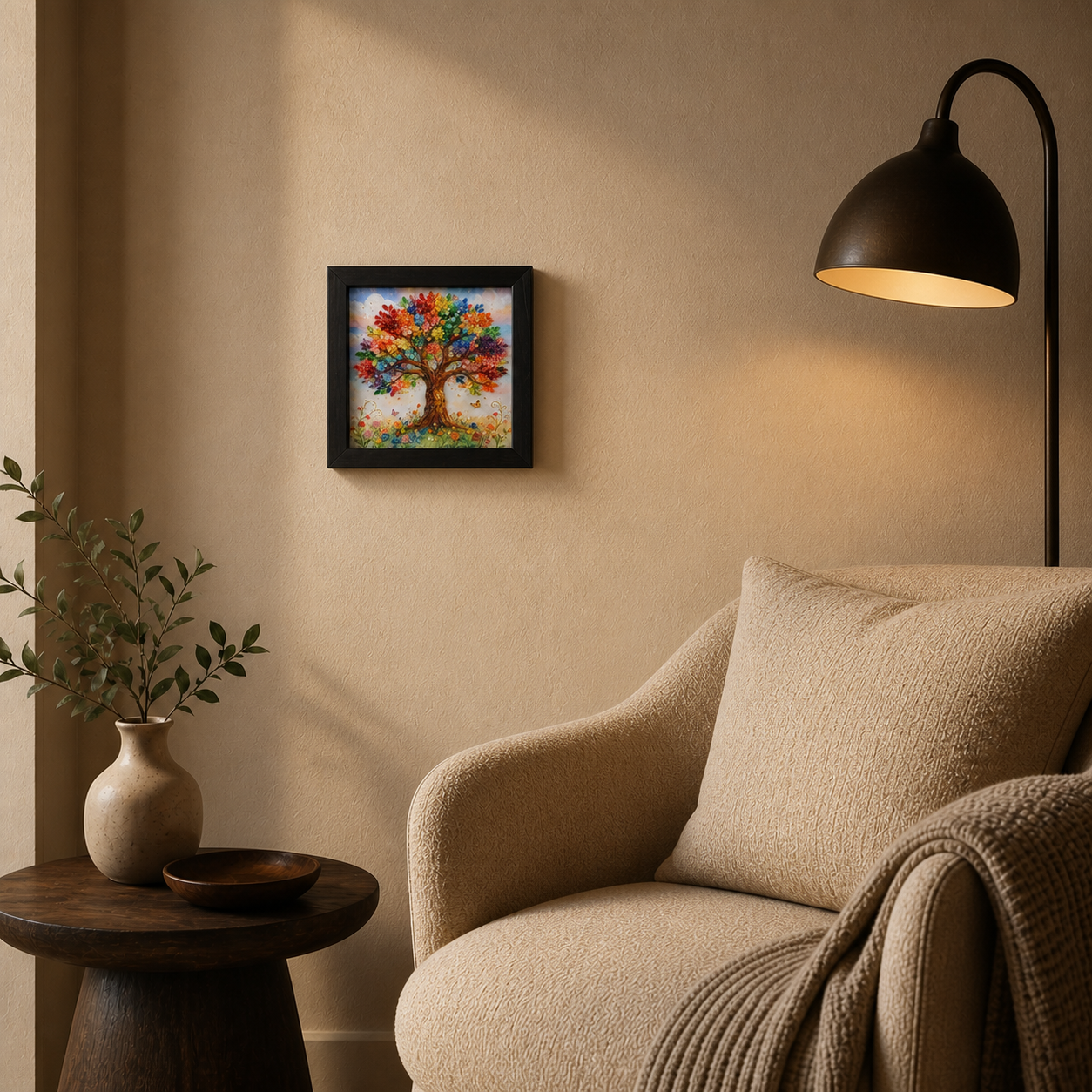 Rooted in Light hanging as a small artwork in a warm reading corner.
