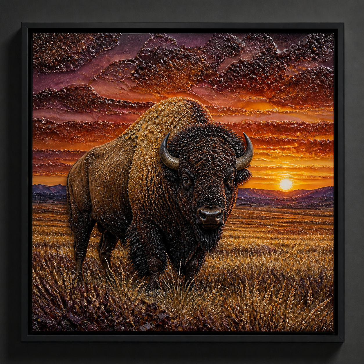 Raking-light view showing depth across the bison, grassland, and sunset sky.