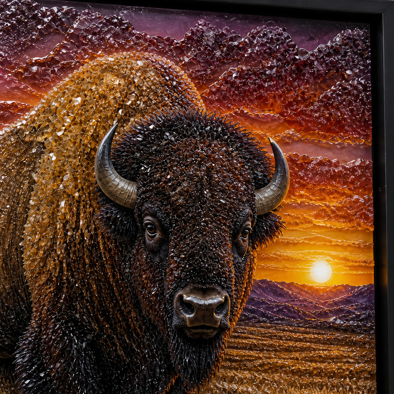 Close-up of the bison's face, coat, prairie grass, and light-catching details.