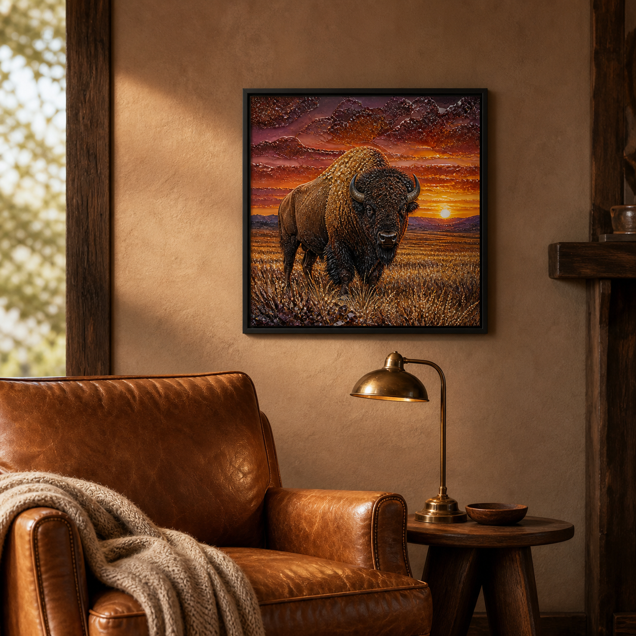 Spirit of the Open Range hanging in a warm American-style living room.