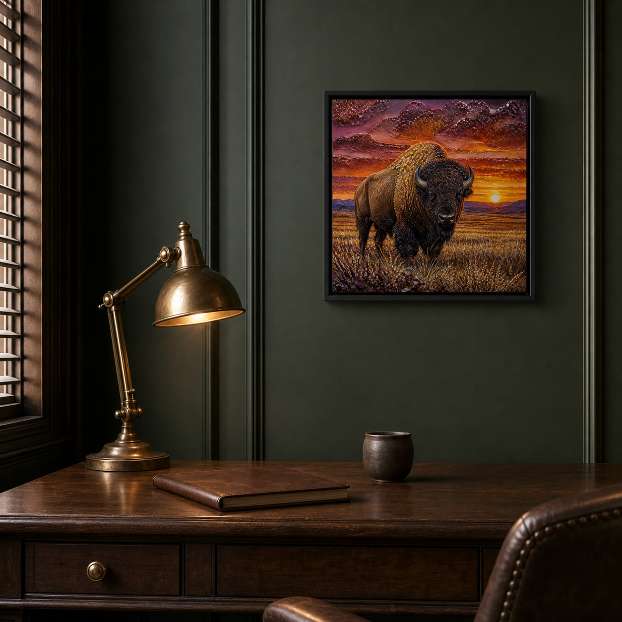 Spirit of the Open Range displayed in a deep green study.