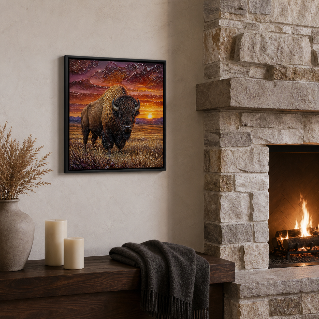 Spirit of the Open Range hanging beside a mountain-home fireplace.