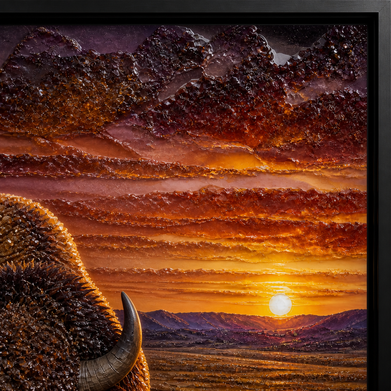 Side-lit close-up of the bison and glowing prairie sunset.