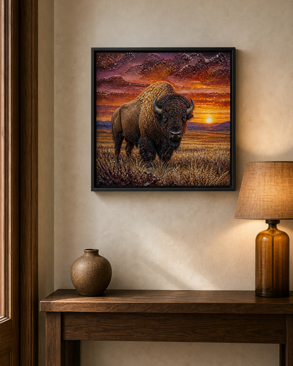 Spirit of the Open Range displayed above a dark wood console in warm sunset-toned light.