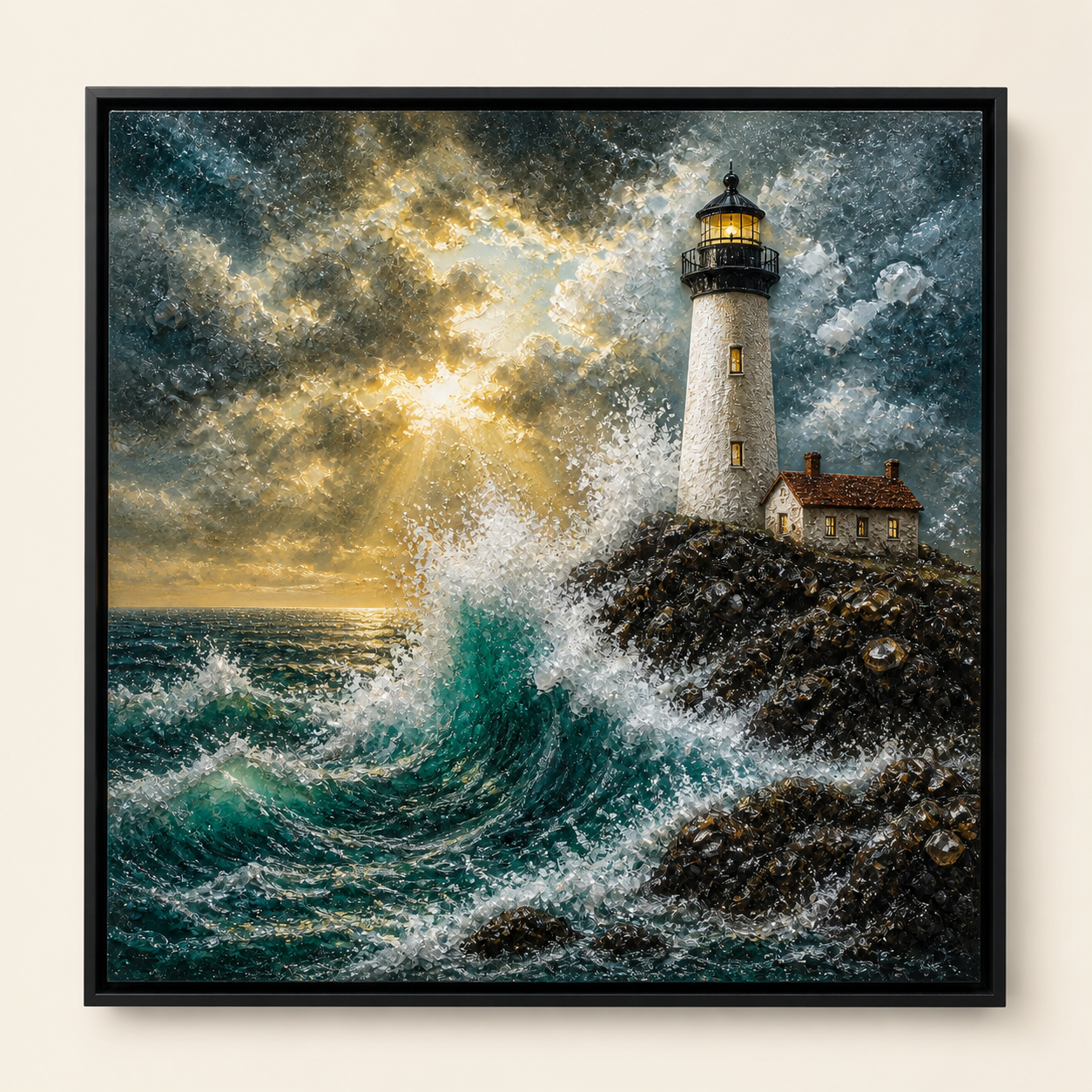 Front view of Steady Through the Storm, a lighthouse facing teal ocean waves.