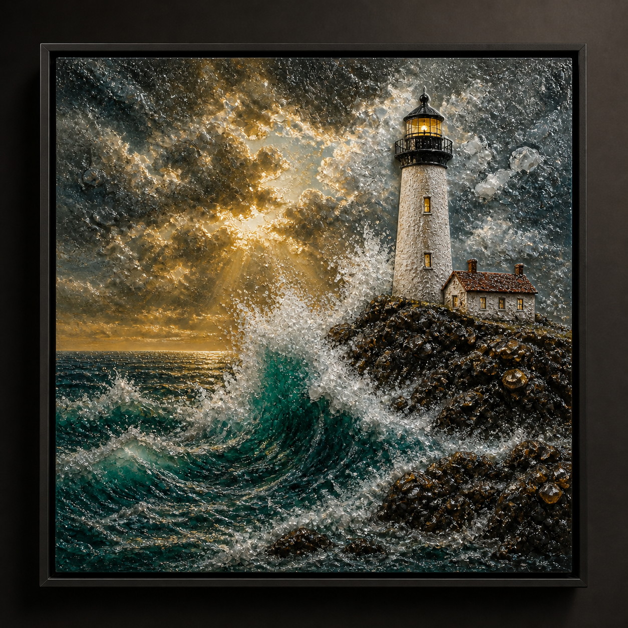 Raking-light view showing depth across the lighthouse, rocks, waves, and sky.