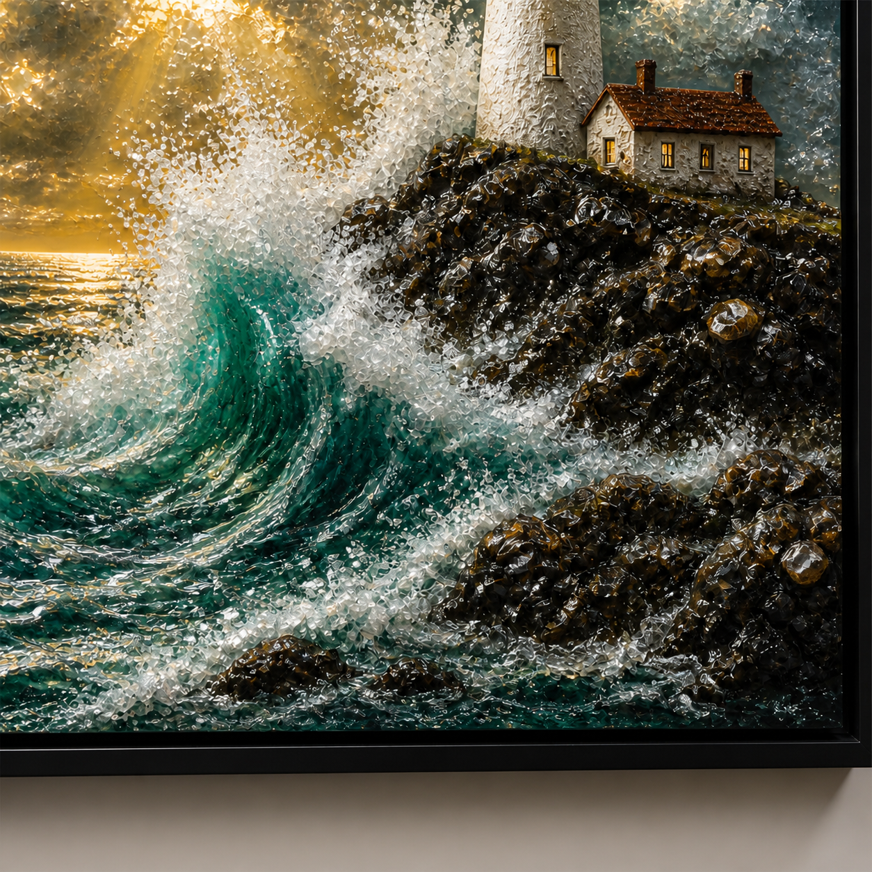 Close-up of the breaking wave, rocky coast, lighthouse, and sea spray.