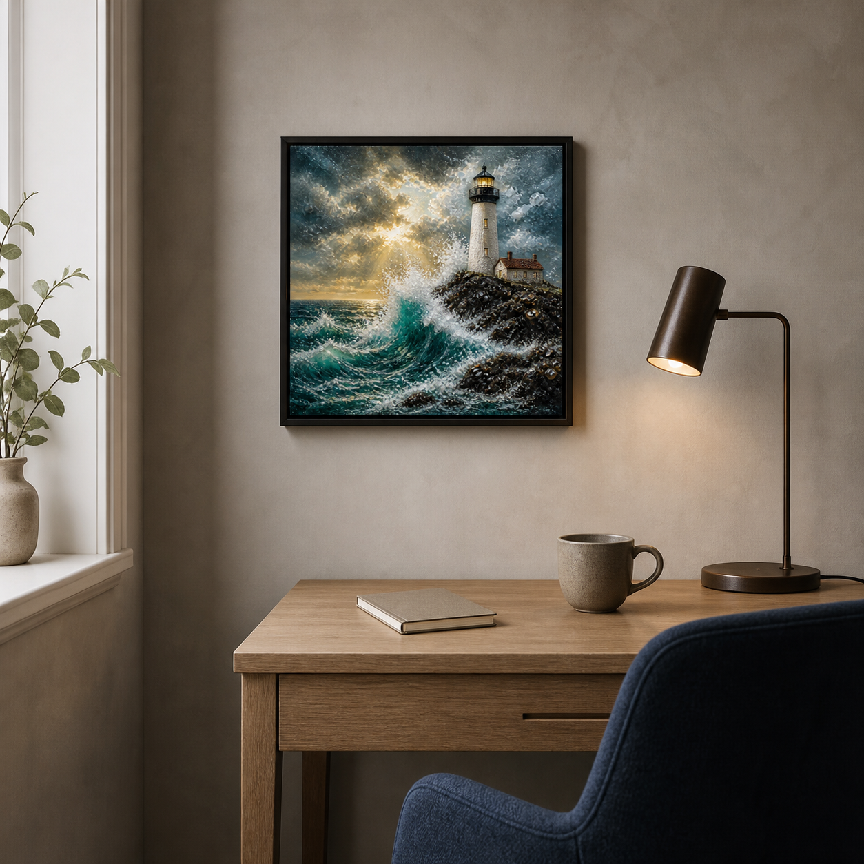 Steady Through the Storm hanging in a softly lit coastal study.