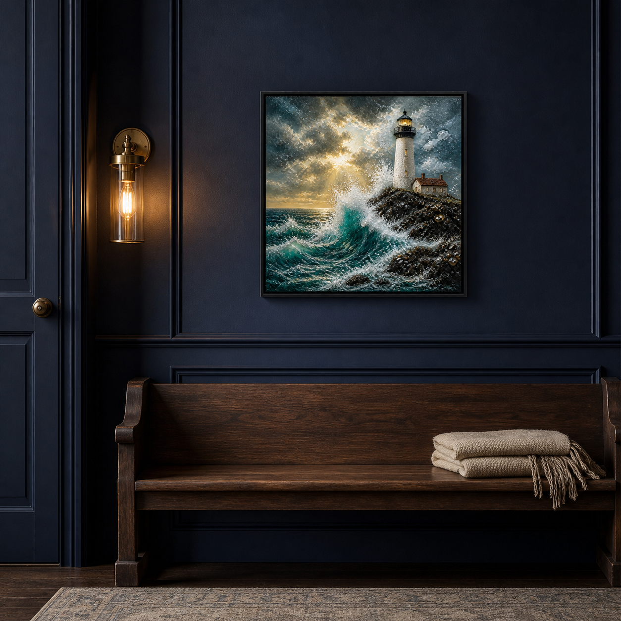 Steady Through the Storm displayed against a deep navy entryway wall.