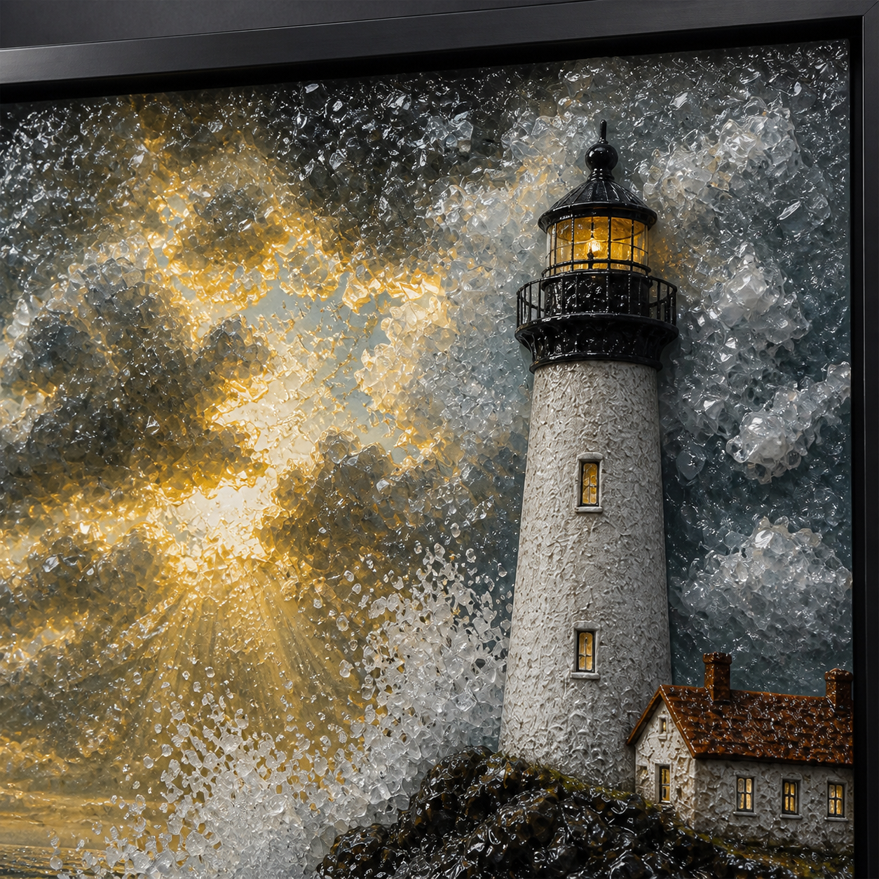 Side-lit close-up of the lighthouse and sunlight breaking through storm clouds.