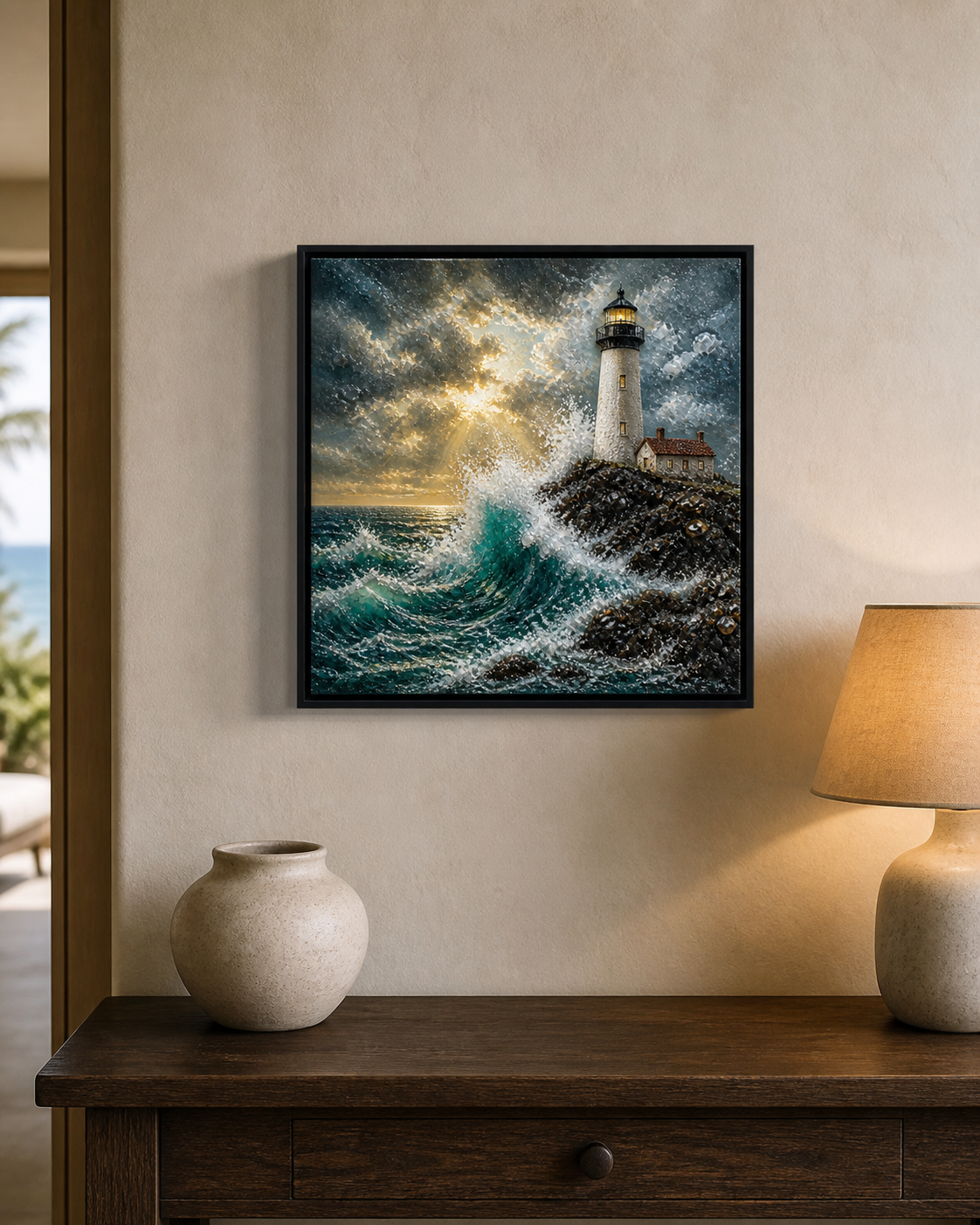 Steady Through the Storm displayed above a dark wood console in a warm coastal interior.