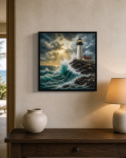 Steady Through the Storm displayed above a dark wood console in a warm coastal interior.