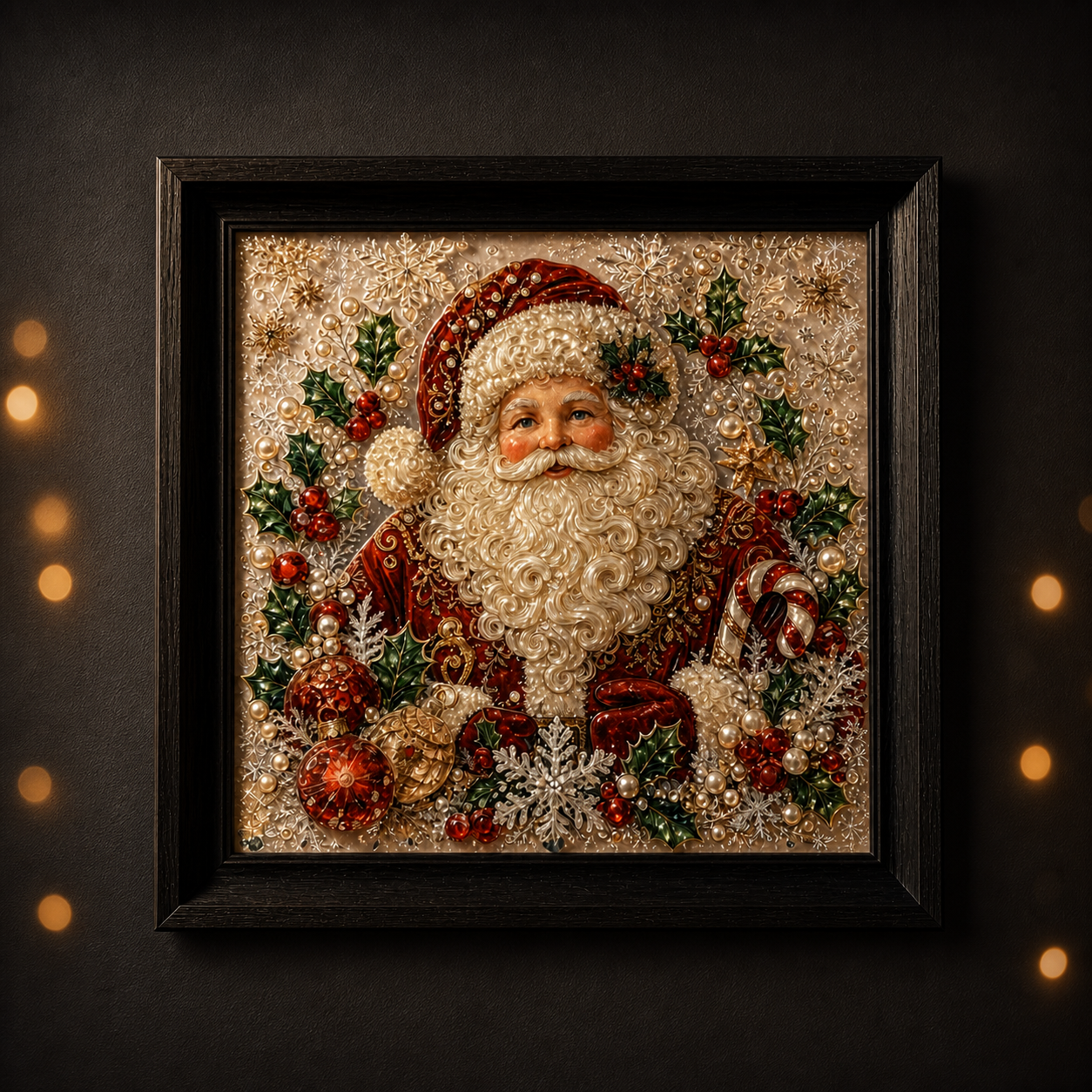 Side-lit view of The Warmest Welcome showing depth across Santa's portrait and holiday details.