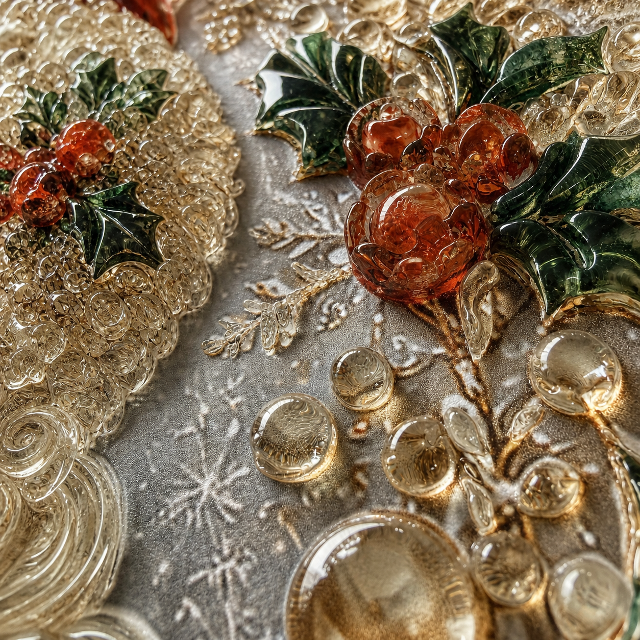 Close-up of light-catching raised accents on Santa's beard, holly, and ornaments.