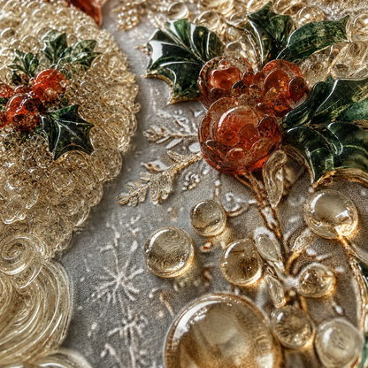 Close-up of light-catching raised accents on Santa's beard, holly, and ornaments.
