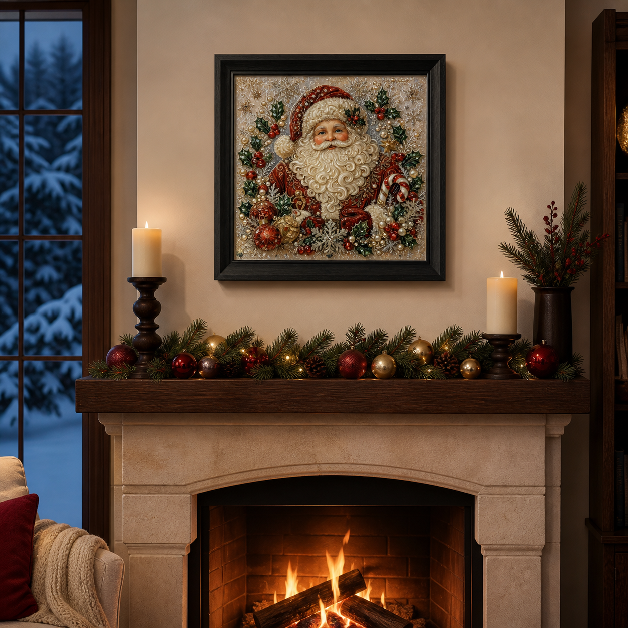 The Warmest Welcome displayed above a decorated fireplace in a winter living room.