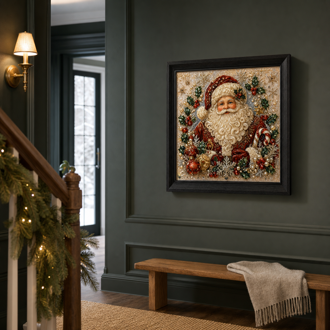 The Warmest Welcome hanging in a dark green winter hallway.